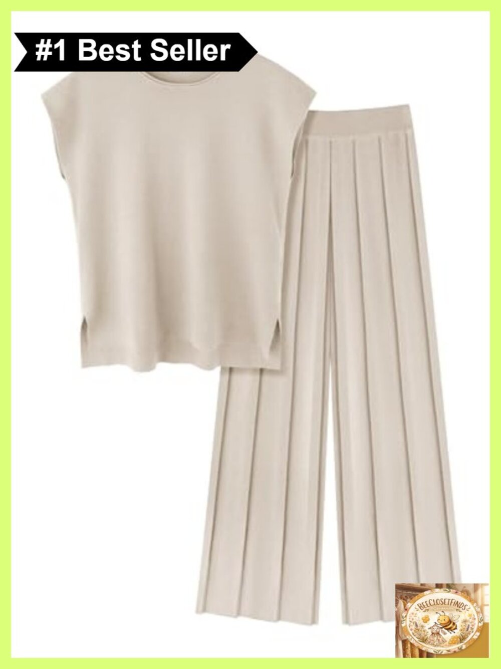 Knit Two Piece Lounge Set Cap Sleeve Top Wide Leg Pleated Pants
